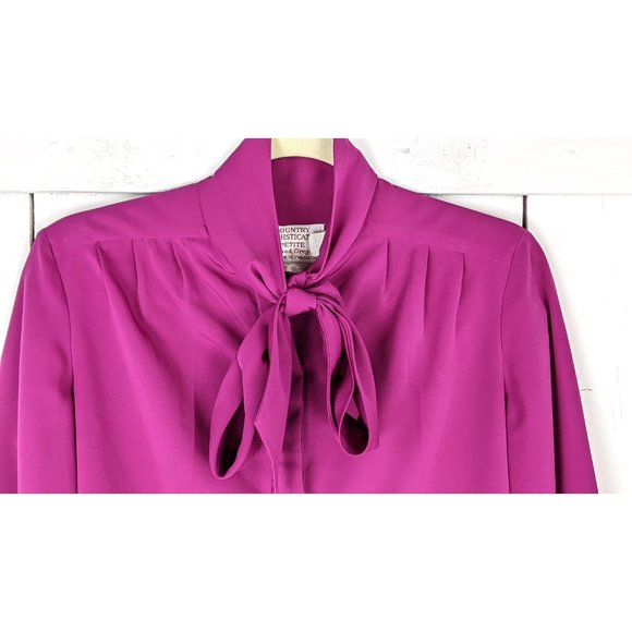 Vintage Country Sophisticate Petite fuchsia bow tie button front blouse - Picture 2 of 5